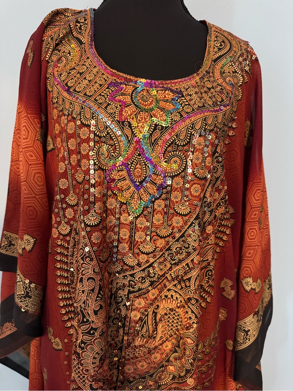 Embroidered Rust Paisley Caftan Dress - Picture 2 of 6